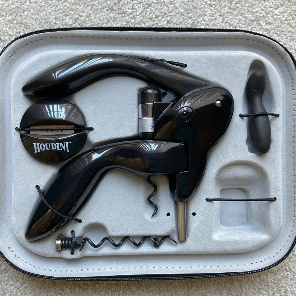 Houdini lever, corkscrew, black wine, bottle opener. Foil, cutter, case; etc